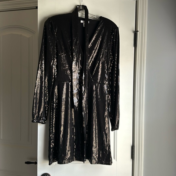 Black Sequin Long Sleeve Dress with Waist Tie - Picture 6 of 10